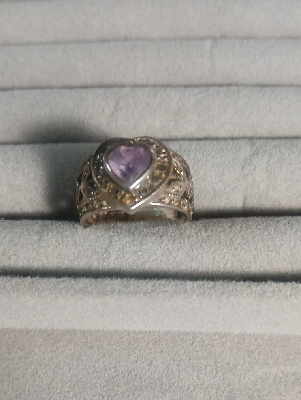 Heart-Shaped Amethyst Sterling Silver Filigree Ring - Purple
